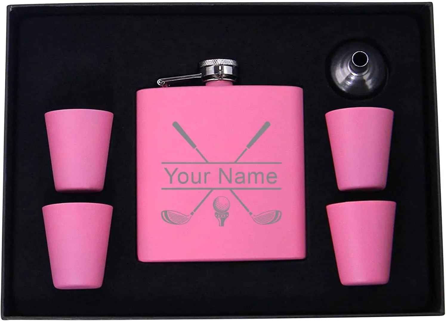 Personalized Golf Club Flask, Funnel, (4) Shot Glasses, and Presentation Gift Box with Custom Golfing Birdie Juice Hip Stainless Steel Metal Matte 6-Ounce Golf Bag Engraved Flask (Pink)