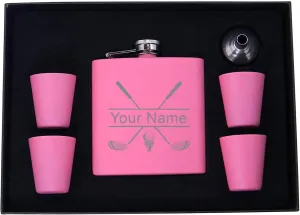 Personalized Golf Club Flask, Funnel, (4) Shot Glasses, and Presentation Gift Box with Custom Golfing Birdie Juice Hip Stainless Steel Metal Matte 6-Ounce Golf Bag Engraved Flask (Pink)