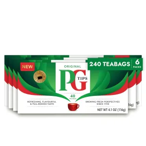 PG Tips Premium Black Tea For a Classic Caffeinated Beverage, Black Tea Bags, 240 Total Bags (40 Count - Pack of 6)