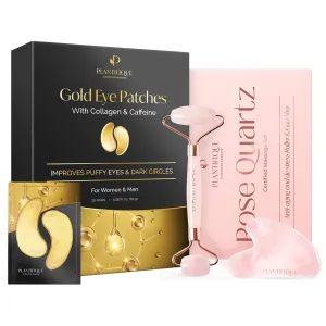 PLANTIFIQUE Rose Quartz Face Roller with Rose Quartz Gua Sha Set and Gold Under Eye Patches for Puffy Eyes and Dark Circles 20 Pairs Under Eye Masks for Dark Circles and Puffiness Eye