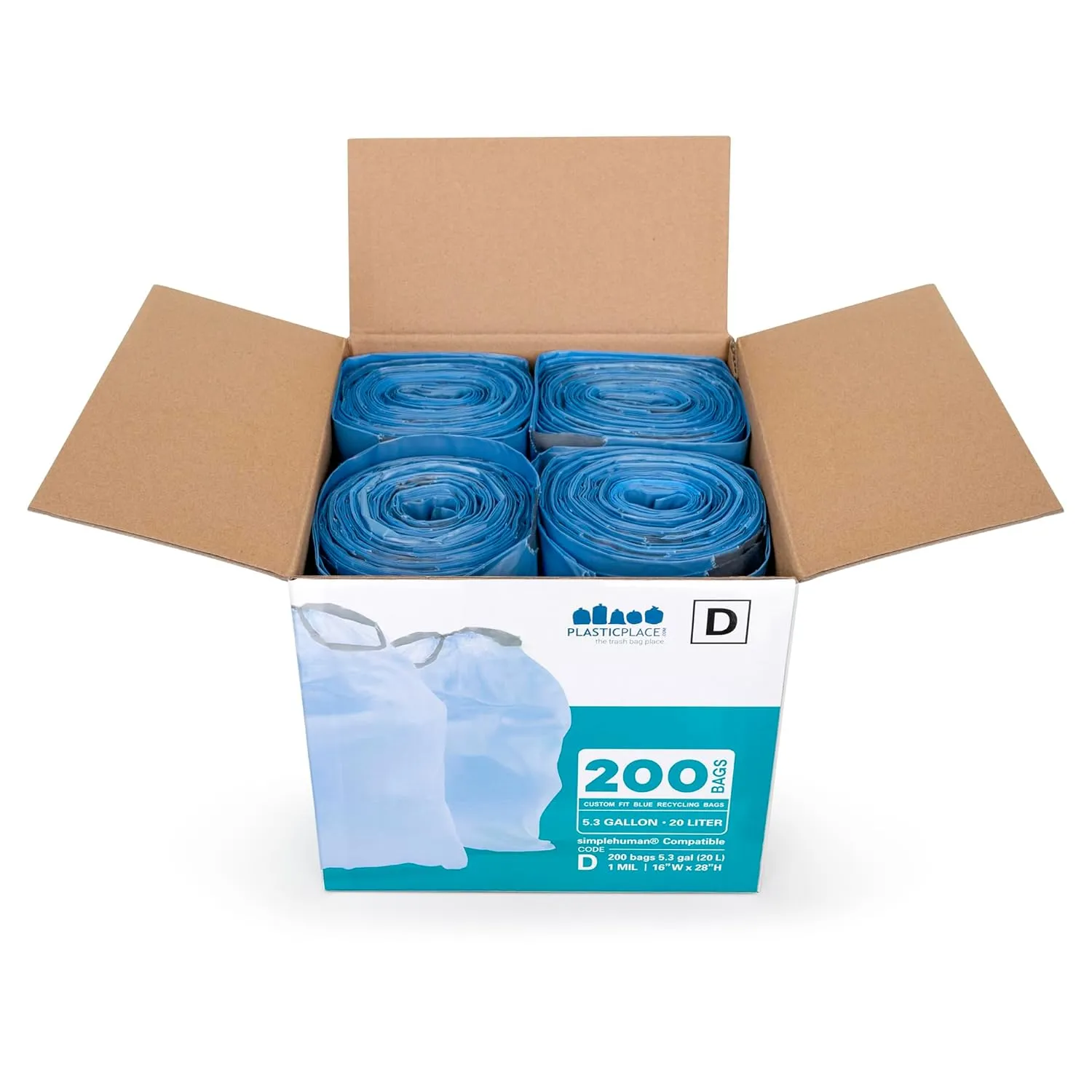 Plasticplace Custom Fit Trash Bags, Compatible with simplehuman Code D (200 Count) Tinted Blue Drawstring Garbage Liners 5.2 Gallon / 20 Liter, 15.75" x 28"