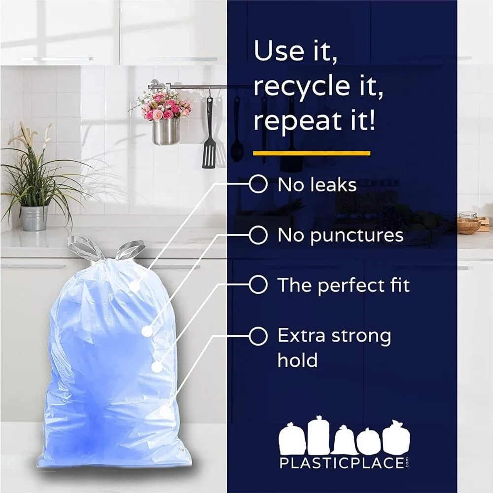 Plasticplace Custom Fit Trash Bags, Compatible with simplehuman Code D (200 Count) Tinted Blue Drawstring Garbage Liners 5.2 Gallon / 20 Liter, 15.75" x 28"