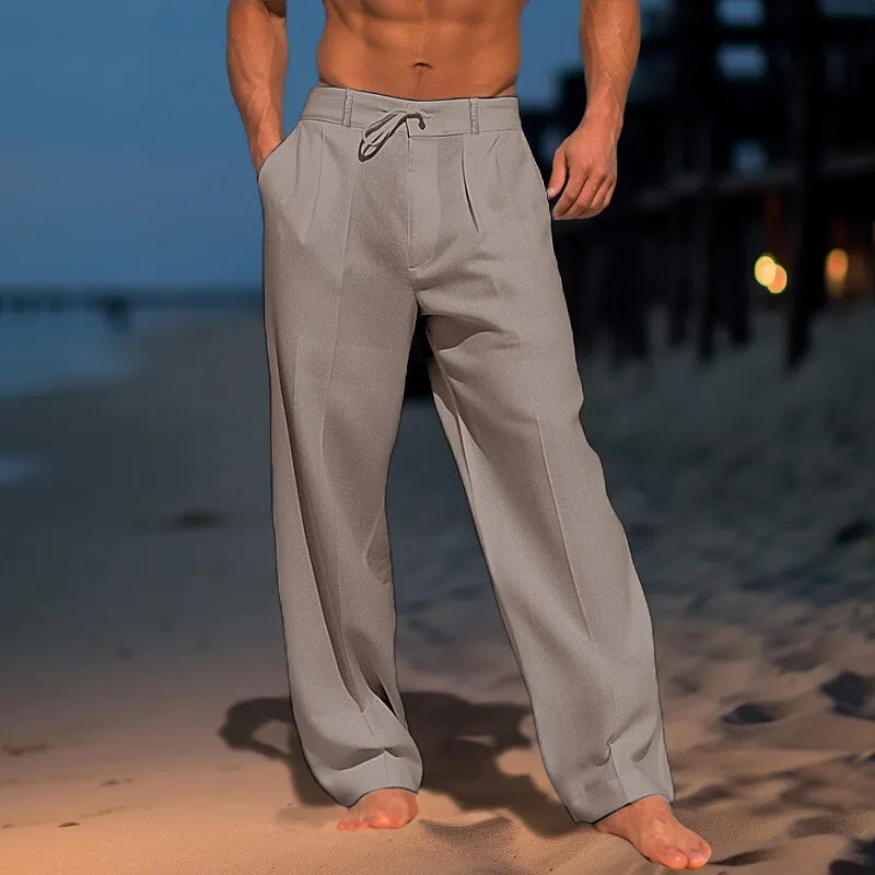 Pleated Drawstring Straight-Leg Beach Pants