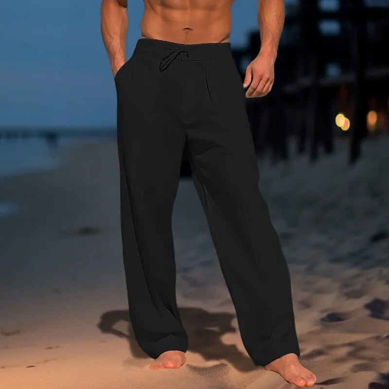 Pleated Drawstring Straight-Leg Beach Pants