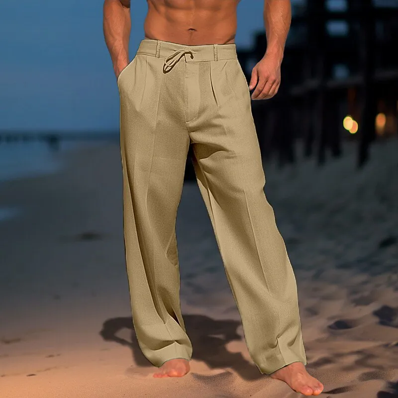 Pleated Drawstring Straight-Leg Beach Pants