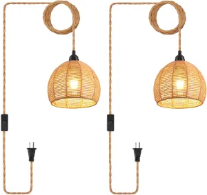Plug in Pendant Light, Industrial Hanging Light with Plug in Cord Hemp Rope On/Off Switch Farmhouse Pendant Lamp with Plug in Cord, Vintage Hanging Lamps for Dining Room