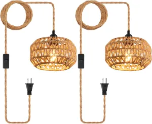 Plug in Pendant Light, Industrial Hanging Light with Plug in Cord Hemp Rope On/Off Switch Farmhouse, Vintage Hanging Lamps for Dining Room