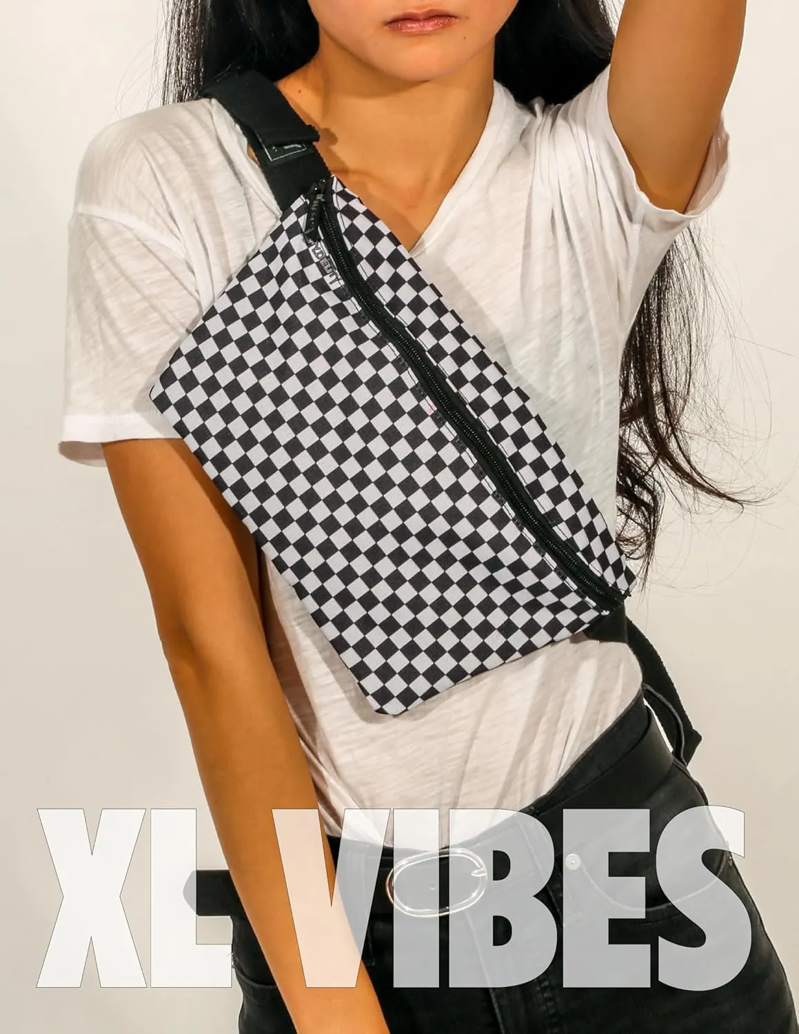 Plus Size Checkered Fanny Packs for Women – Large Black and White Checkered Crossbody Bags for Women | USE: 90s Rave Checkered Belt Bag, 80s Festival Fanny Pack, Mens Travel Waist or Bum Bag