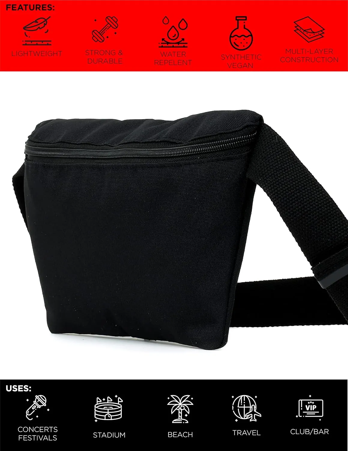 Plus Size Fanny Packs for Women – 80s/90s Large Bum Bag – Unisex Crossbody Waist Belt Bag for Travel, Festivals, Sports & Daily Use – Waist Belt Bag for Women | Daily Black