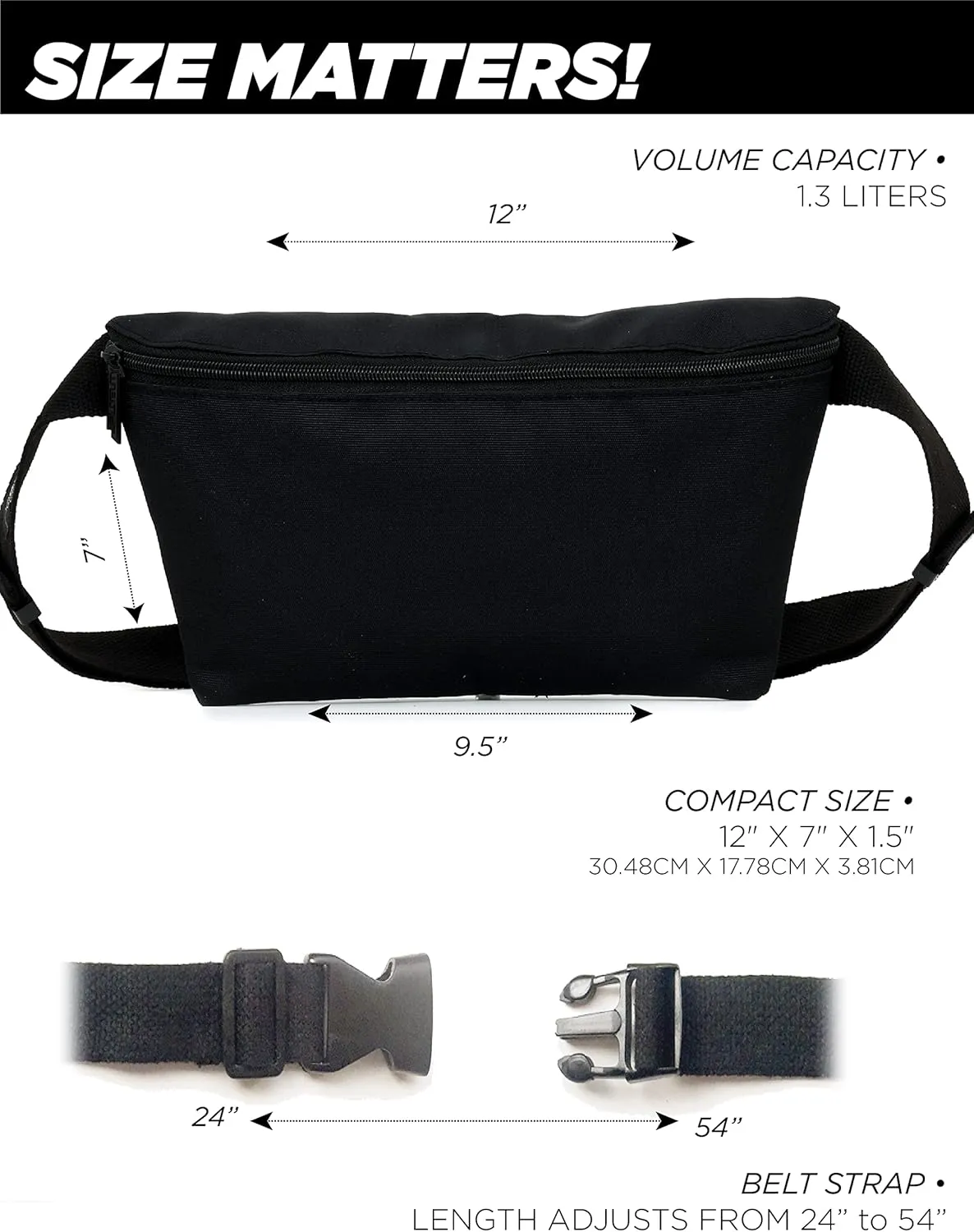 Plus Size Fanny Packs for Women – 80s/90s Large Bum Bag – Unisex Crossbody Waist Belt Bag for Travel, Festivals, Sports & Daily Use – Waist Belt Bag for Women | Daily Black
