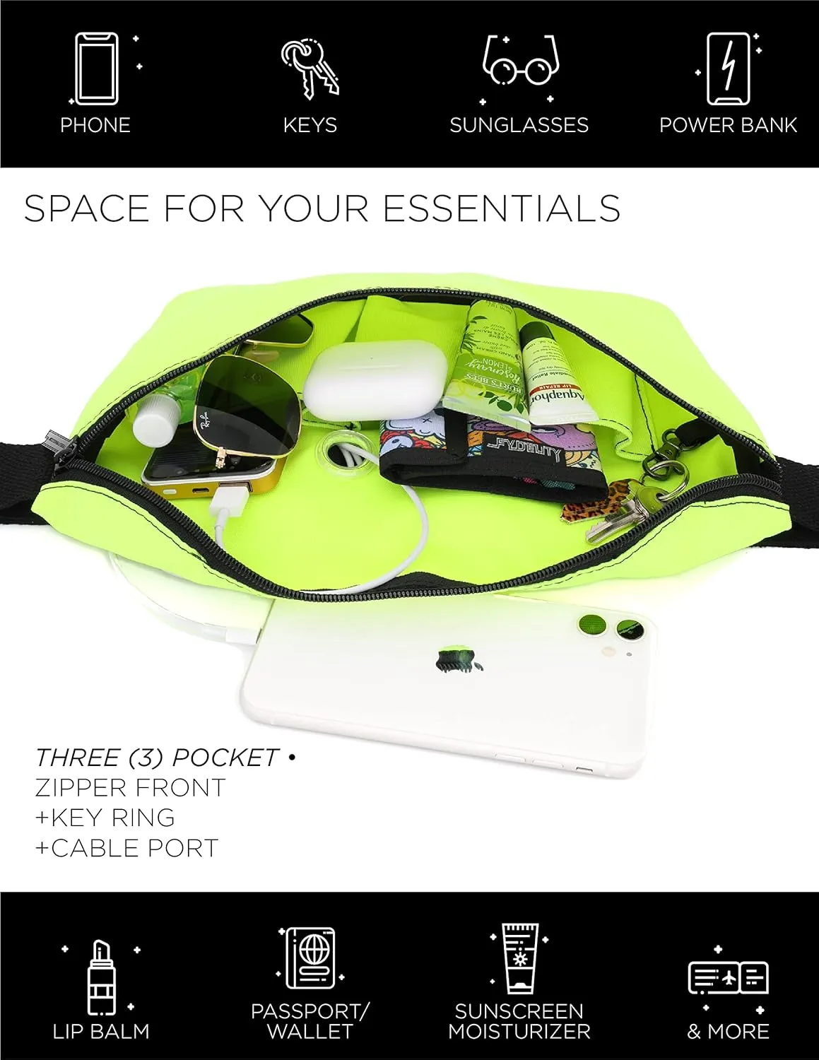 Plus Size Fanny Packs for Women – 80s/90s Large Bum Bag – Unisex Crossbody Waist Belt Bag for Travel, Festivals, Sports & Daily Use – Waist Belt Bag for Women | Daily Neon Green