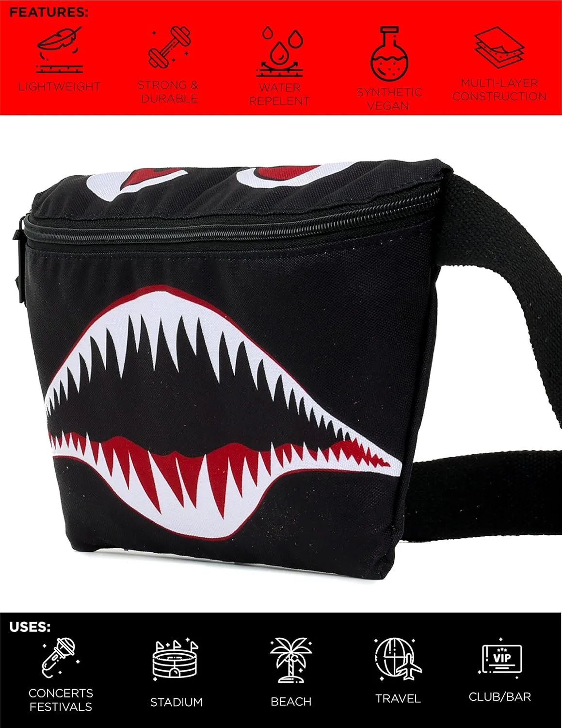 Plus Size Fanny Packs for Women – 80s/90s Large Bum Bag – Unisex Crossbody Waist Belt Bag for Travel, Festivals, Sports & Daily Use – Waist Belt Bag for Women | Flying Tiger Black