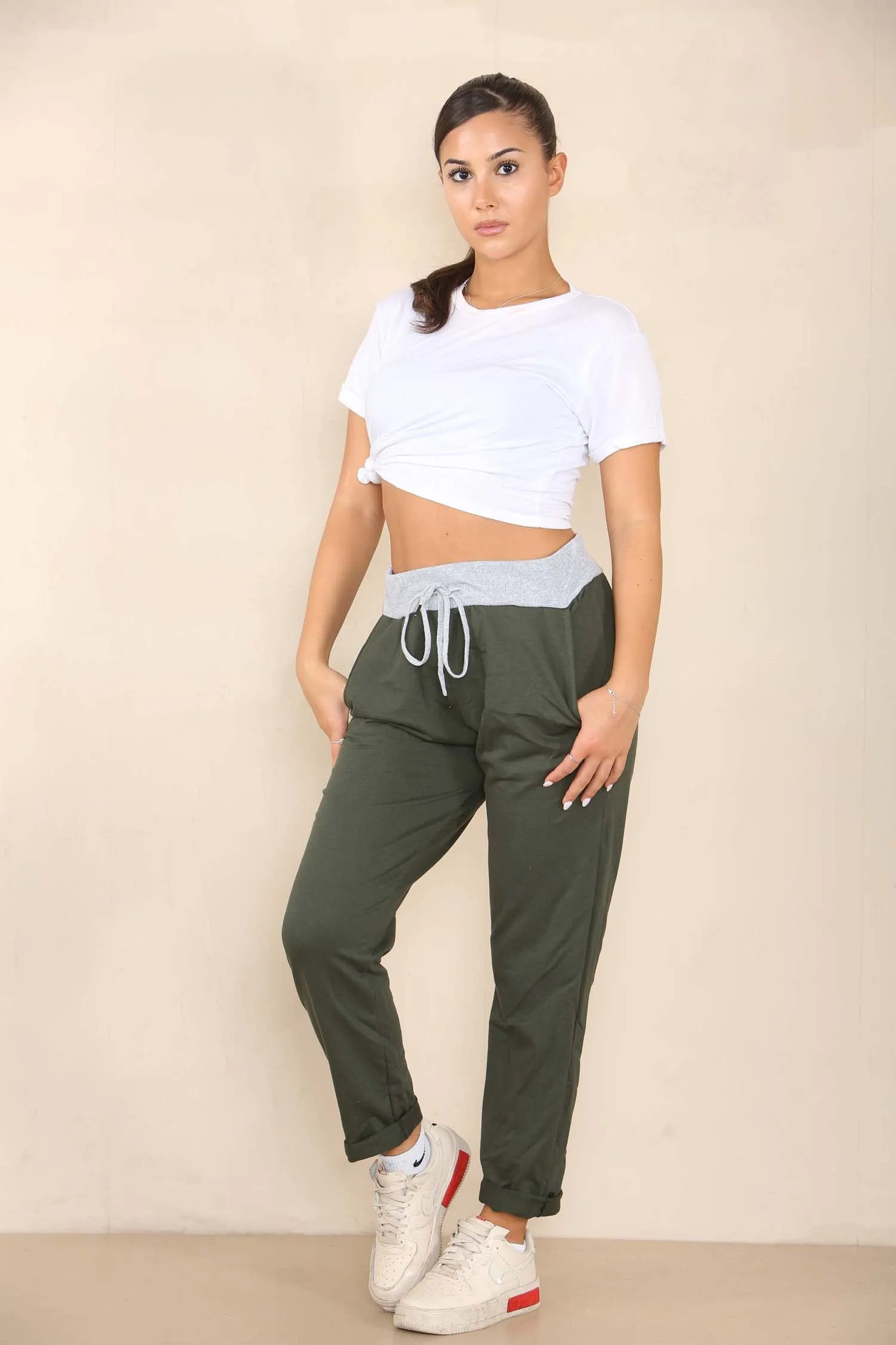 Plus Size Italian Plain Drawstring Cotton Joggers