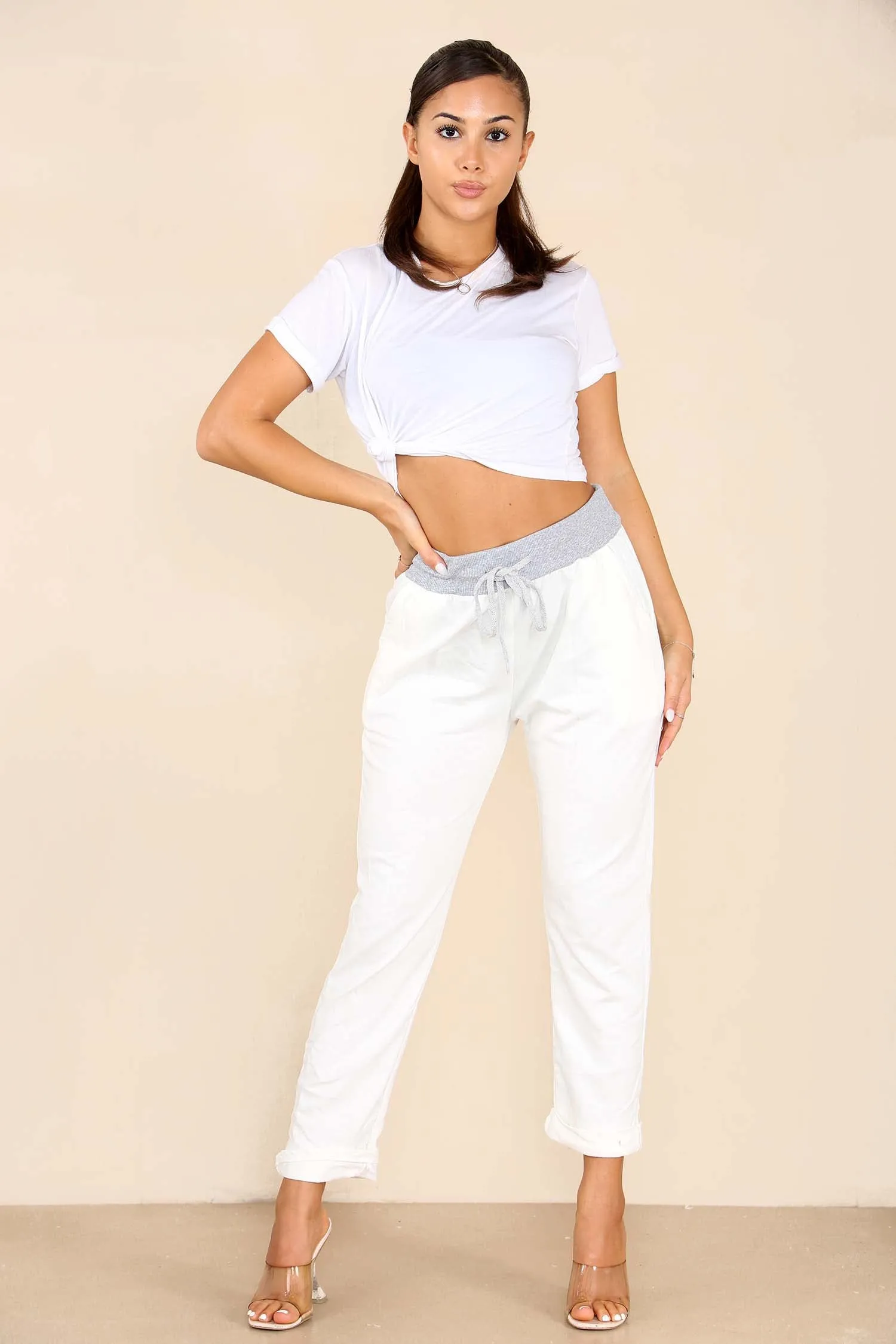 Plus Size Italian Plain Drawstring Cotton Joggers
