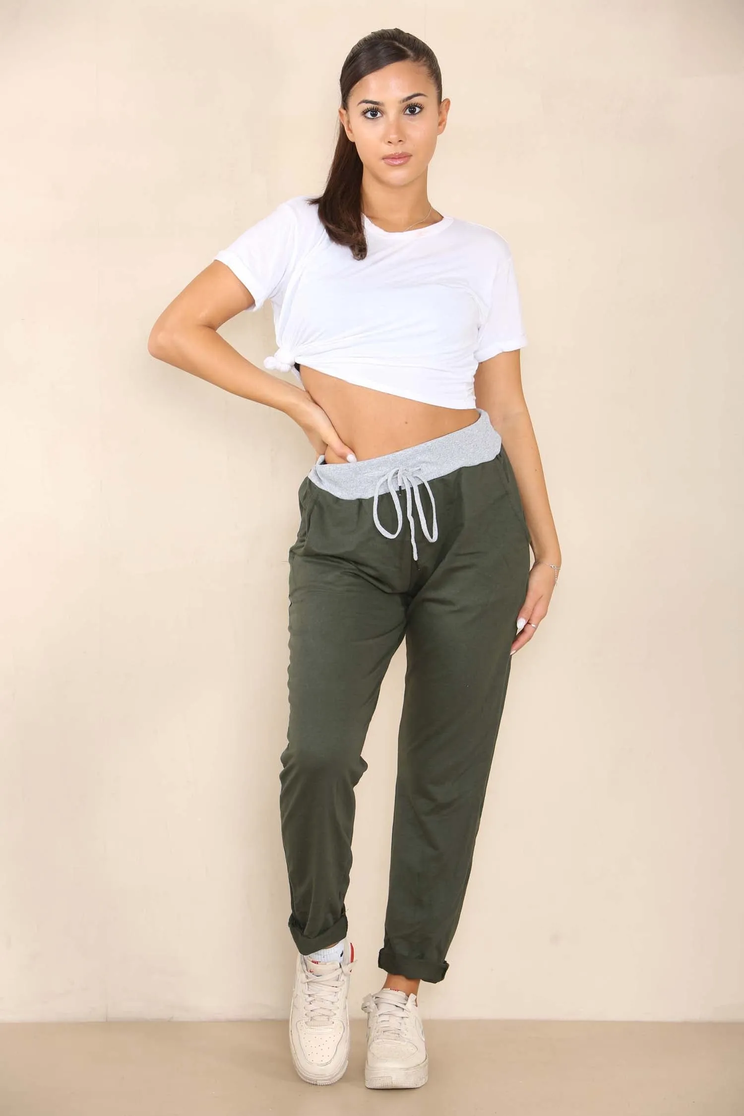 Plus Size Italian Plain Drawstring Cotton Joggers