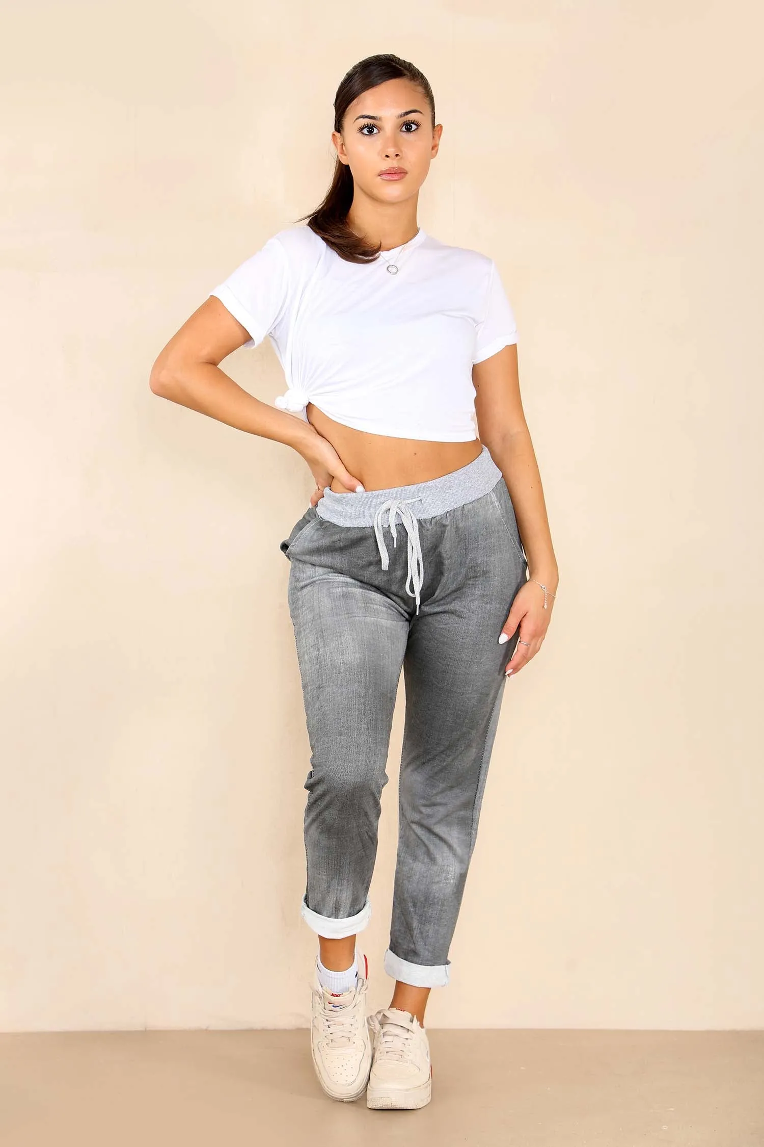 Plus Size Italian Plain Drawstring Cotton Joggers