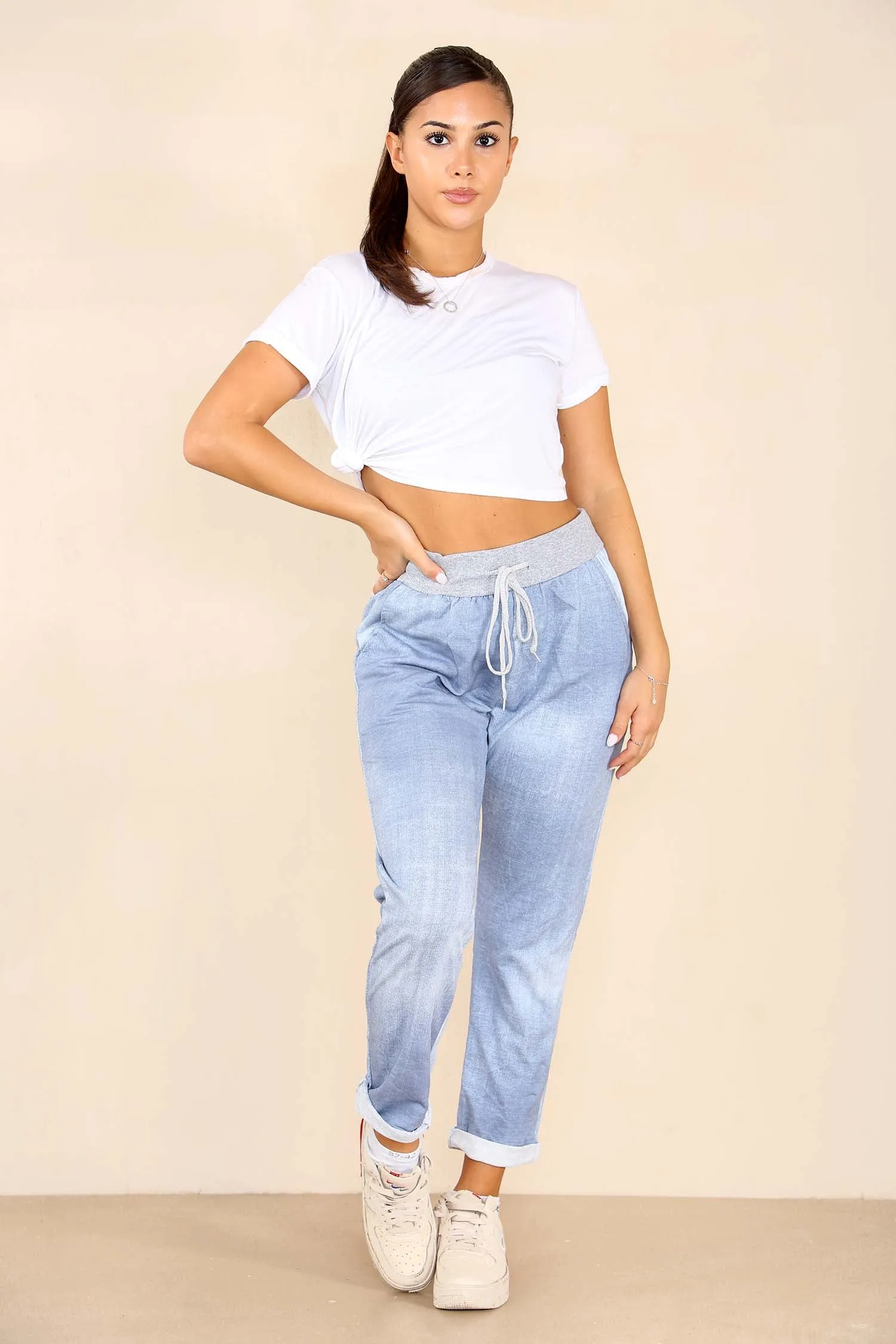 Plus Size Italian Plain Drawstring Cotton Joggers