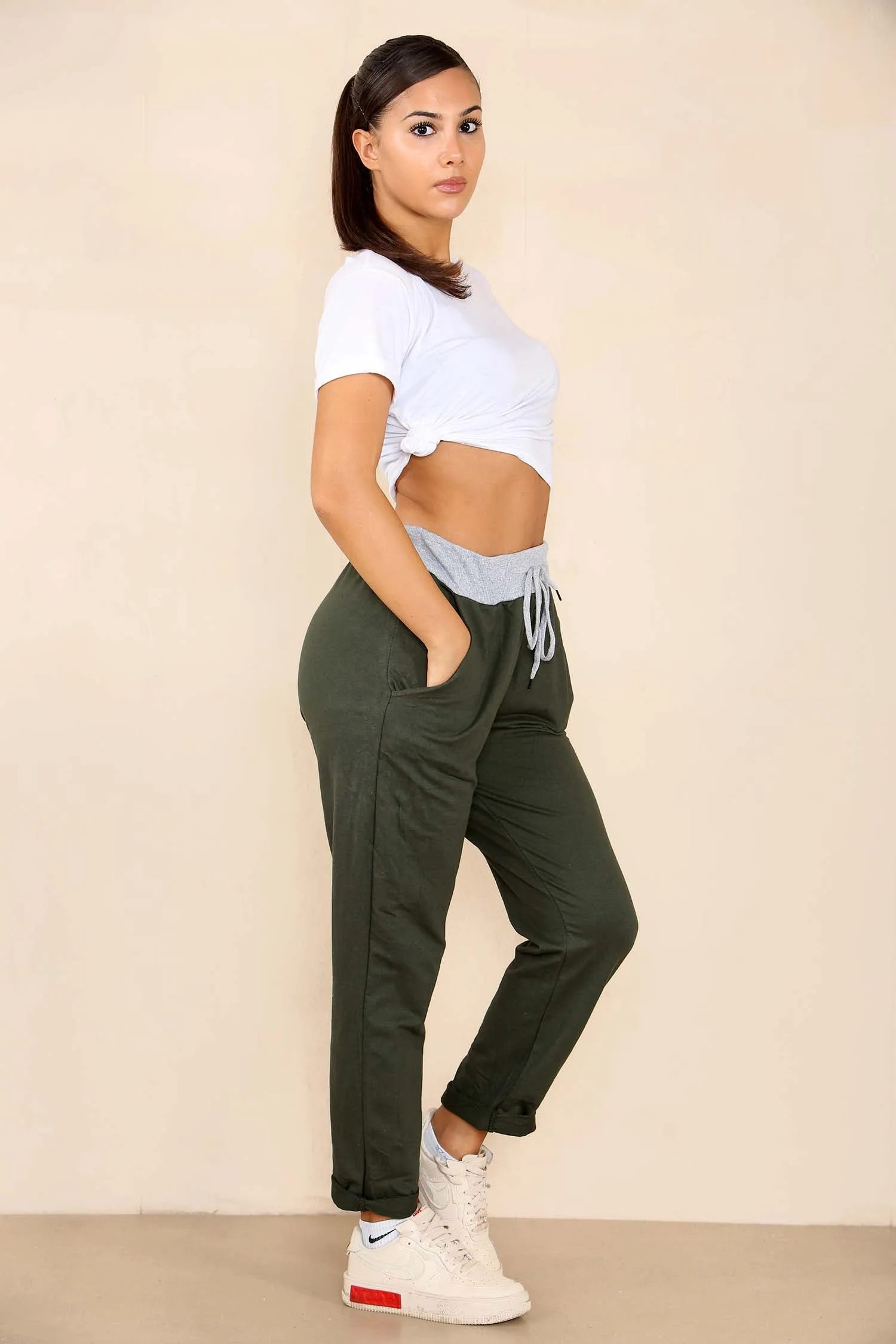 Plus Size Italian Plain Drawstring Cotton Joggers