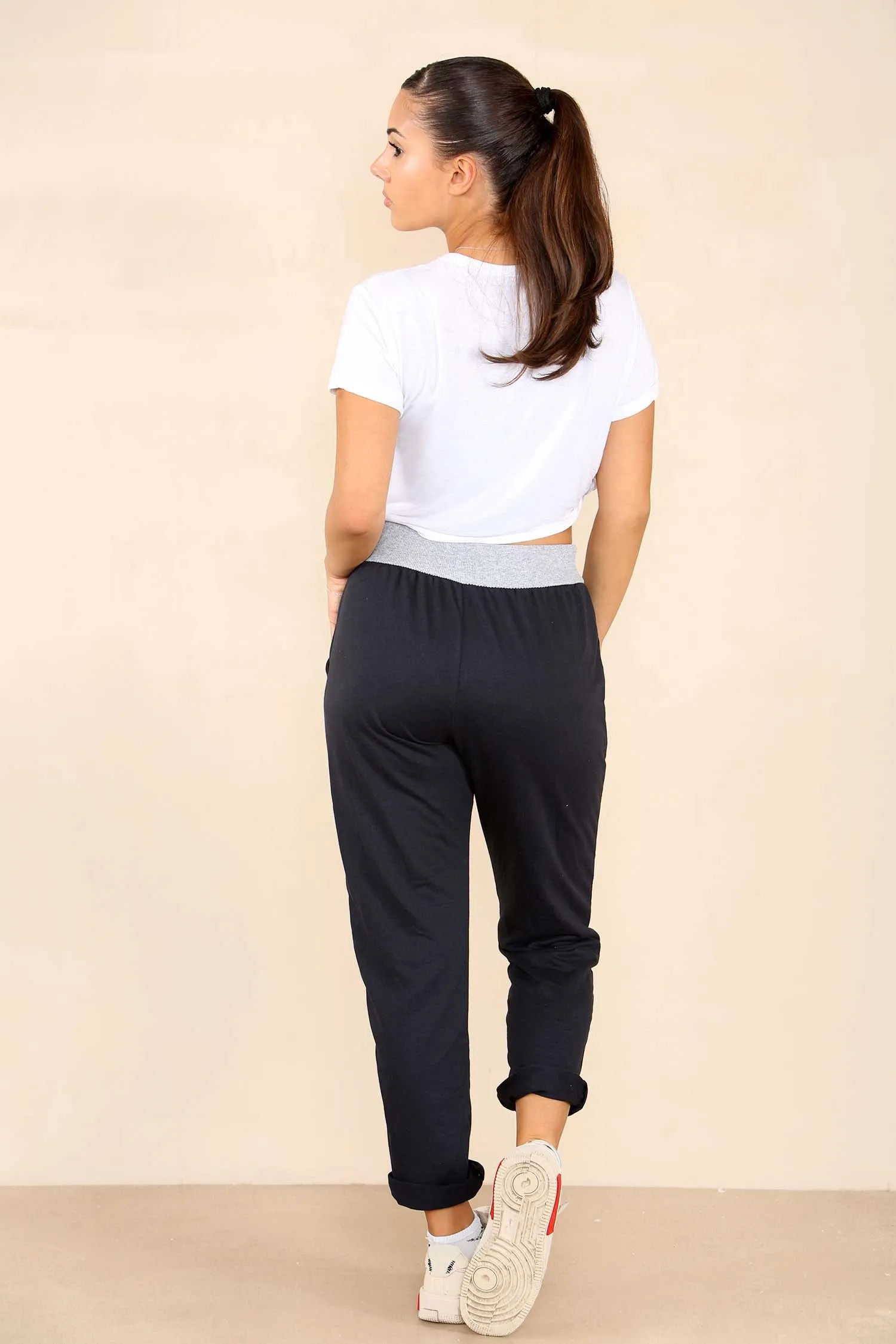 Plus Size Italian Plain Drawstring Cotton Joggers