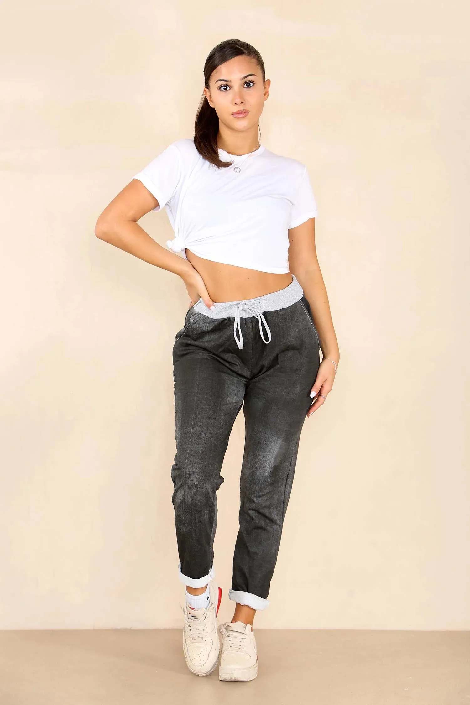Plus Size Italian Plain Drawstring Cotton Joggers