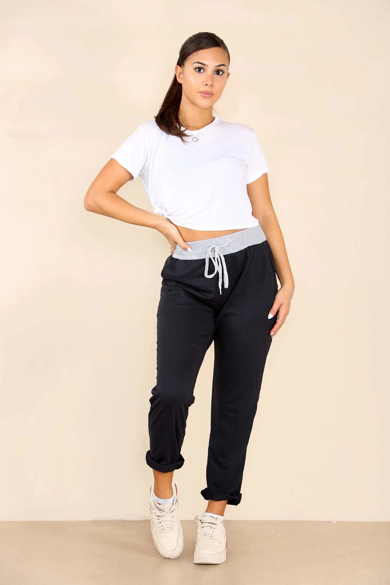 Plus Size Italian Plain Drawstring Cotton Joggers