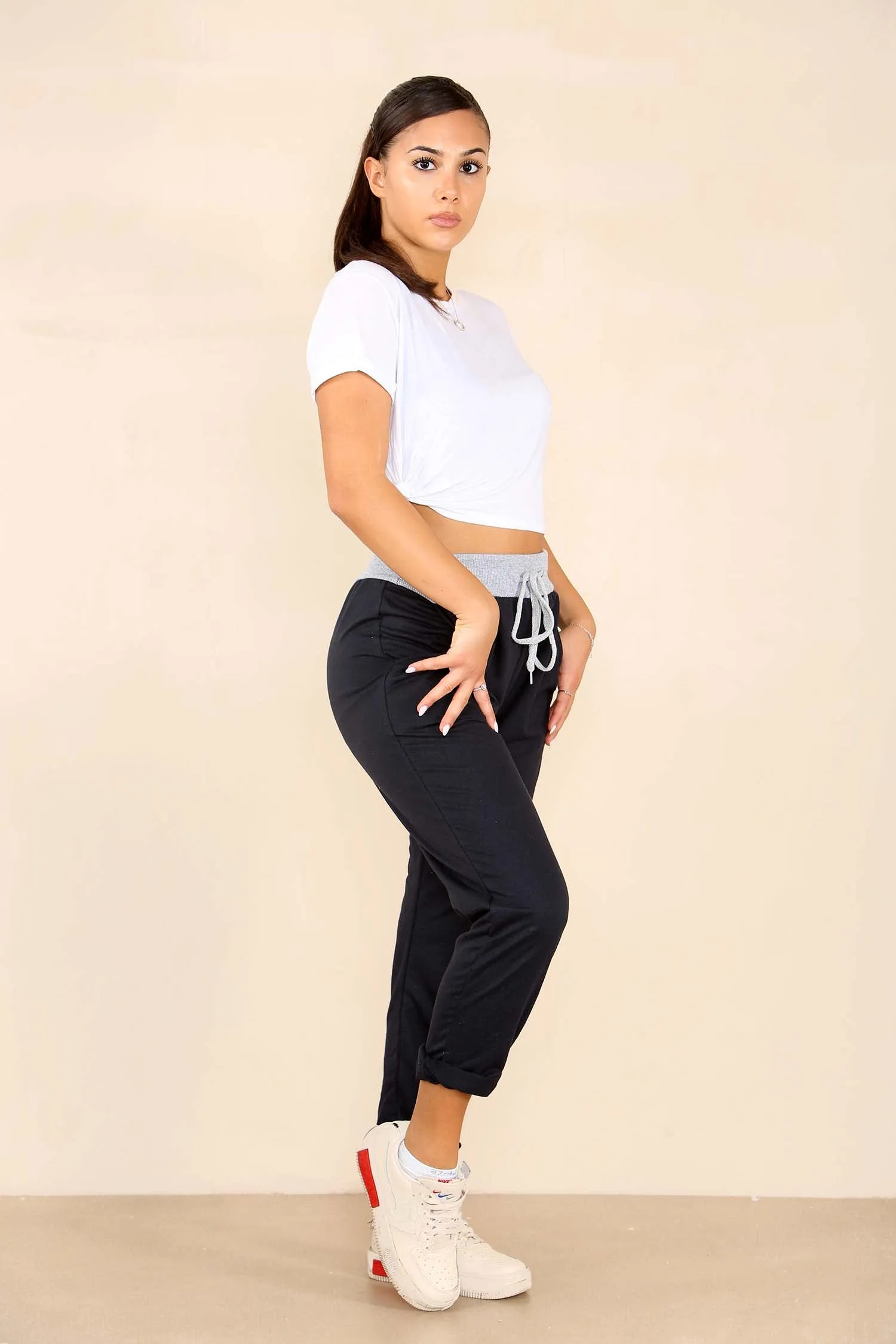 Plus Size Italian Plain Drawstring Cotton Joggers