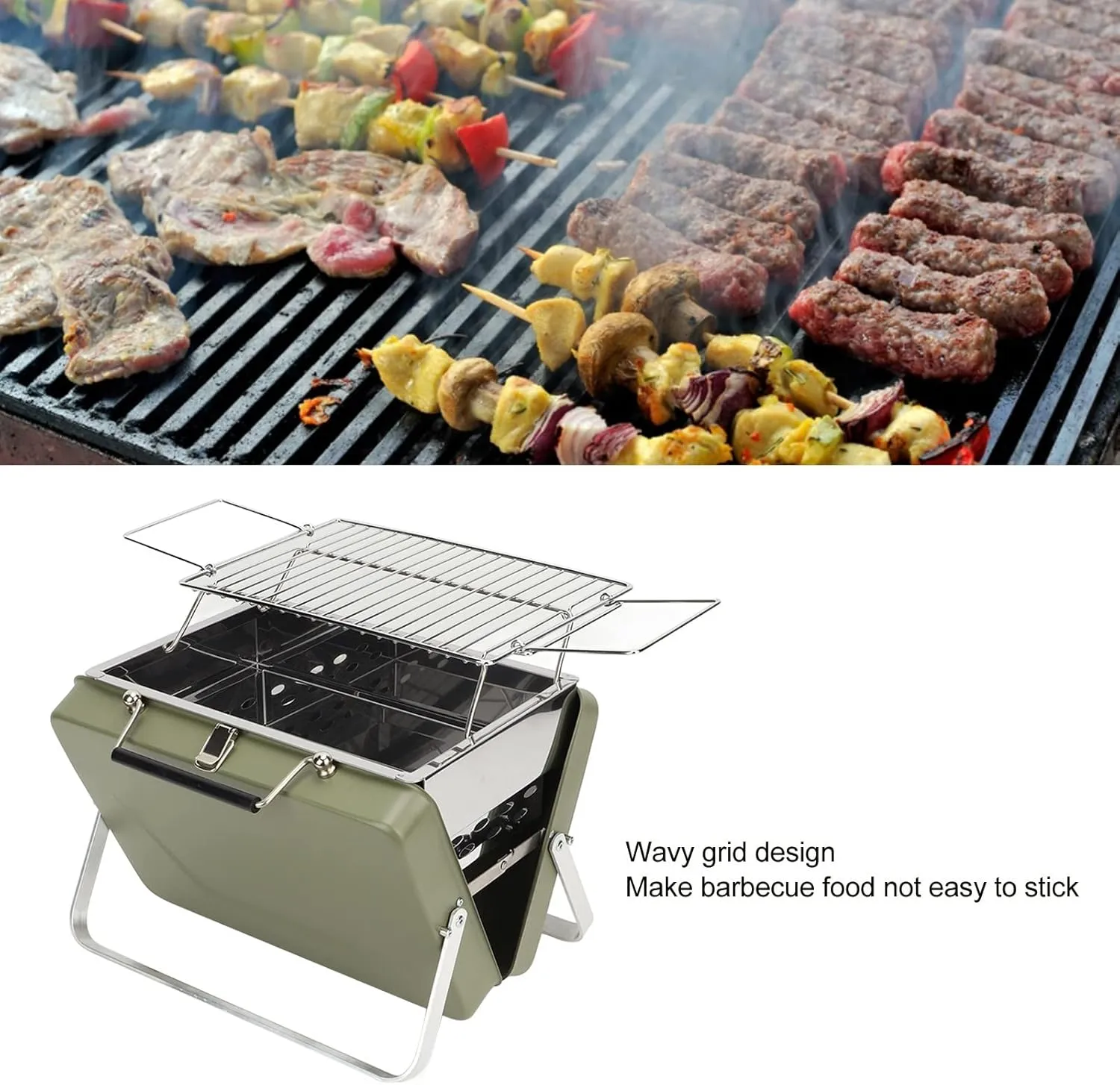 Portable Charcoal BBQ Grill, Proof and Non Stick Grill Net, Temp, to Use and Carry, for Camping, Outdoor Cooking, and Backyard Picnics (Green)