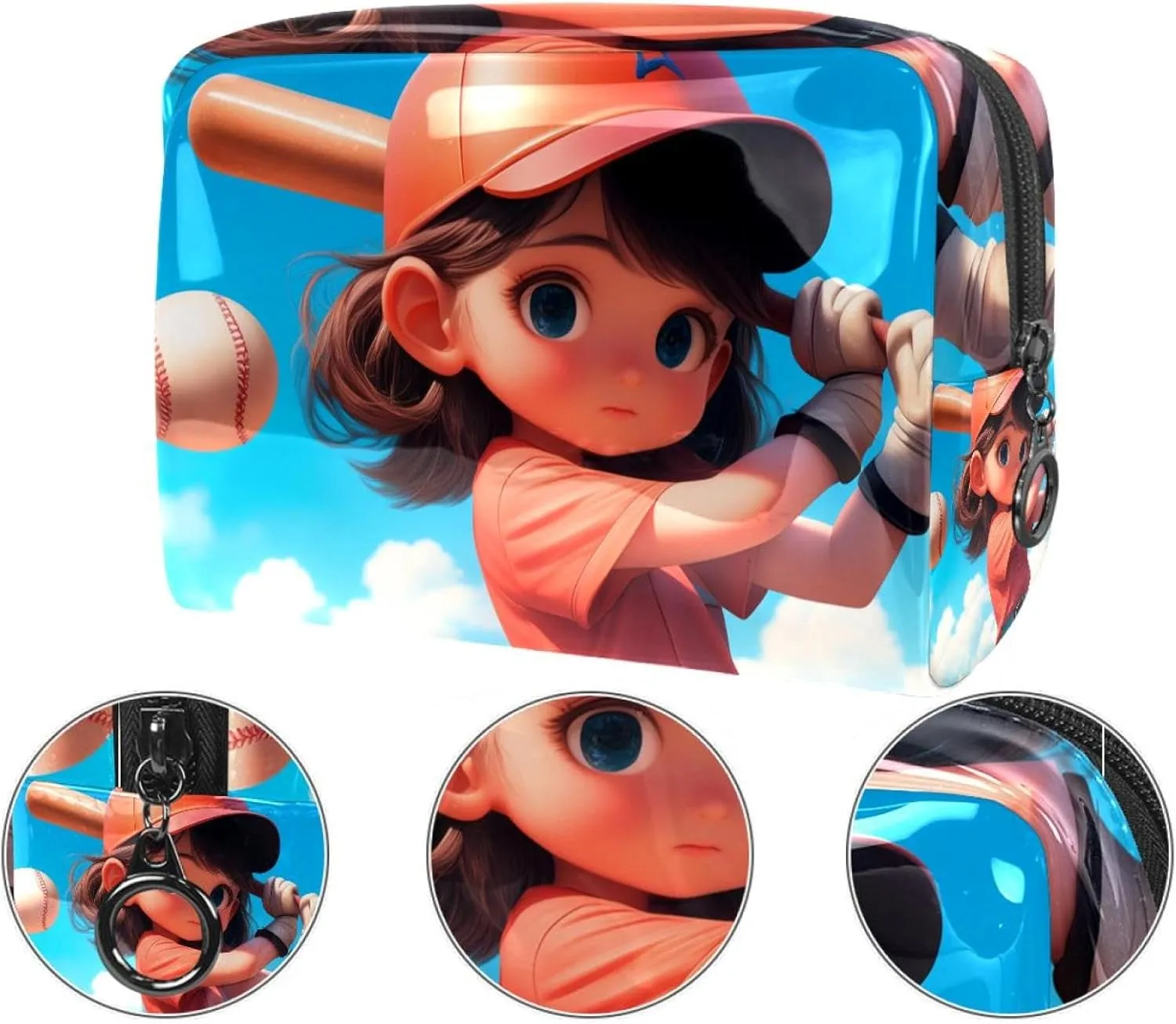 Portable Cosmetic Bag Baseball Little Girl Travel Makeup Case Organizer For Women Girls Toiletry Bag 7.3x3x5.1in