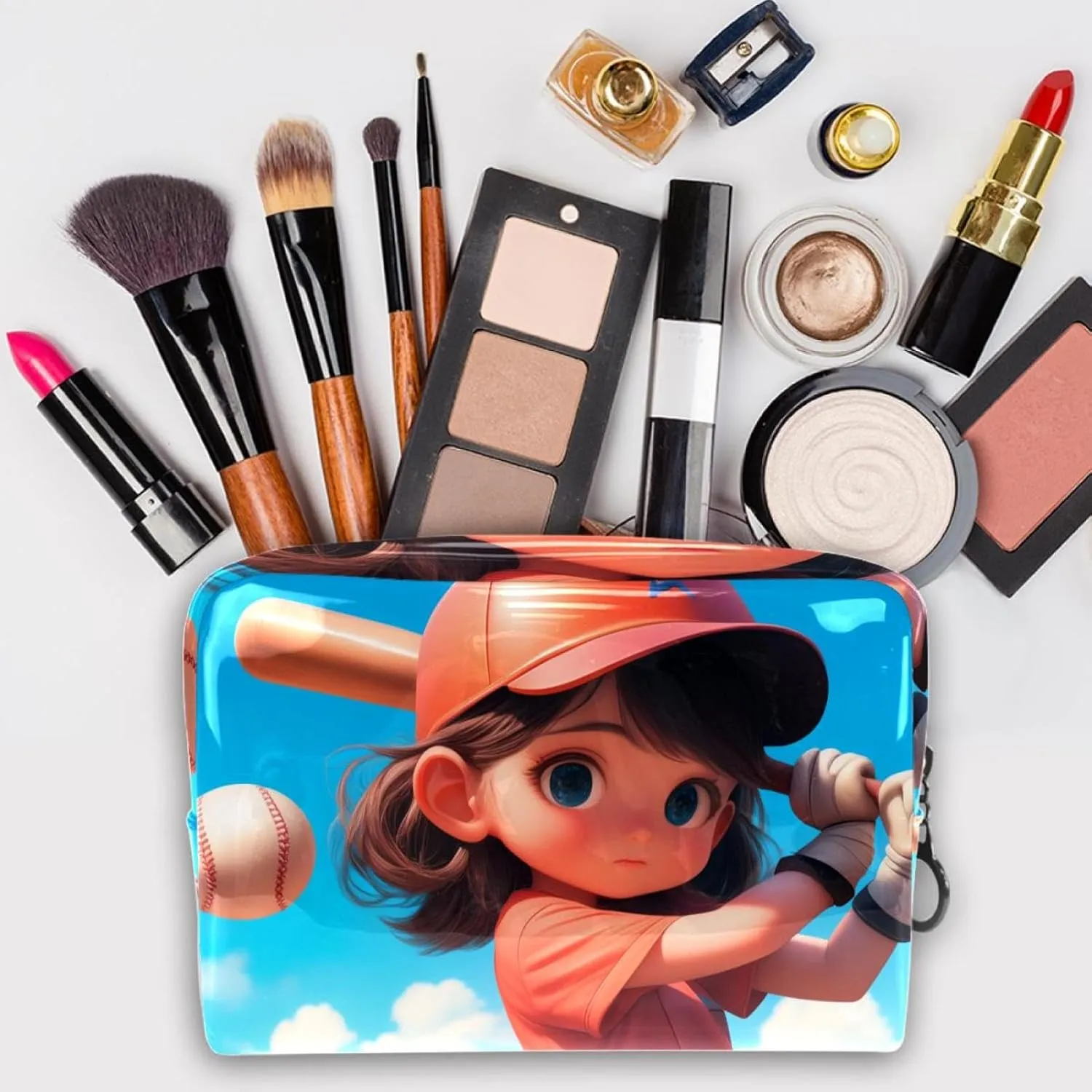 Portable Cosmetic Bag Baseball Little Girl Travel Makeup Case Organizer For Women Girls Toiletry Bag 7.3x3x5.1in