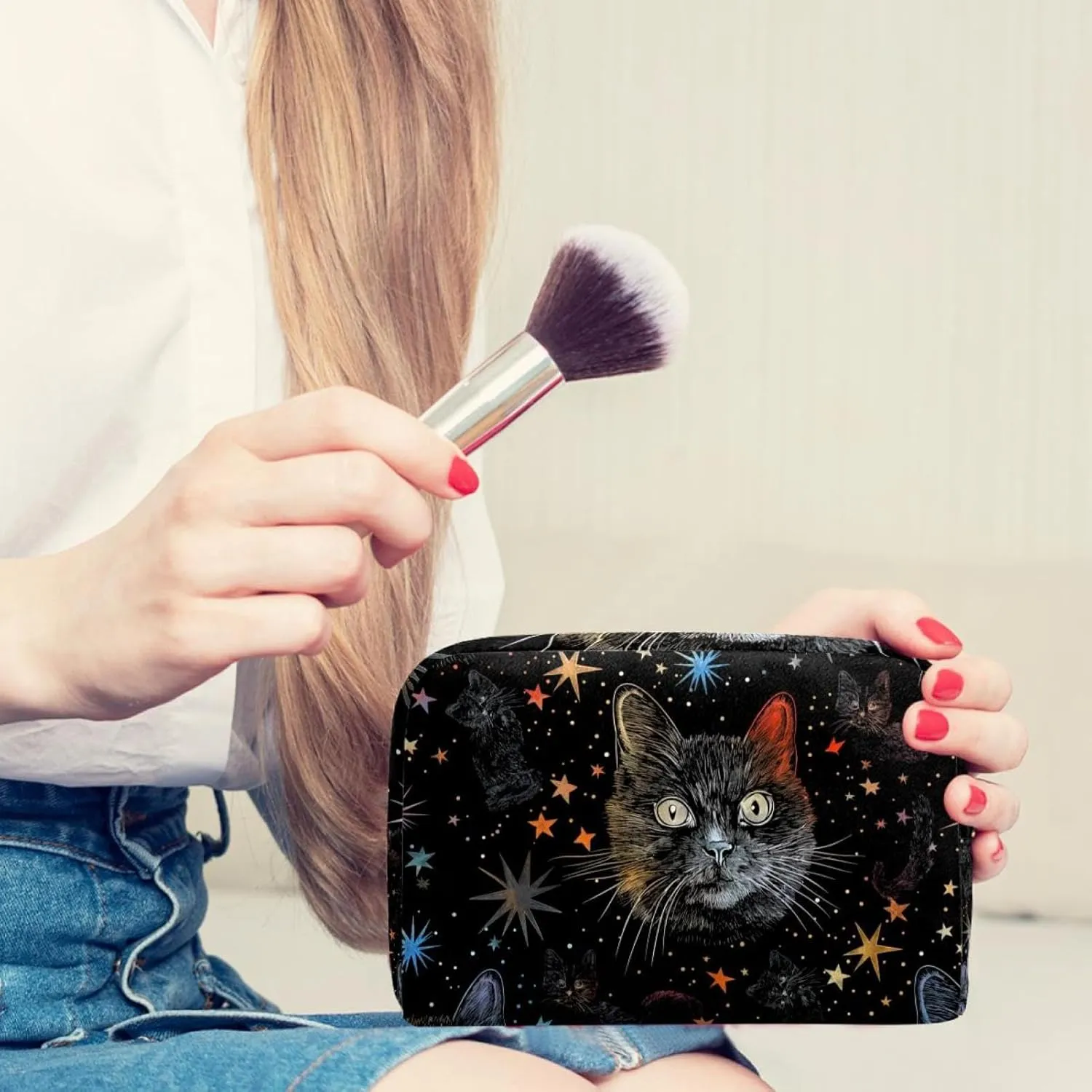 Portable Cosmetic Bag Cartoon Star Cat Travel Makeup Case Organizer For Women Girls Toiletry Bag 7.3x3x5.1in