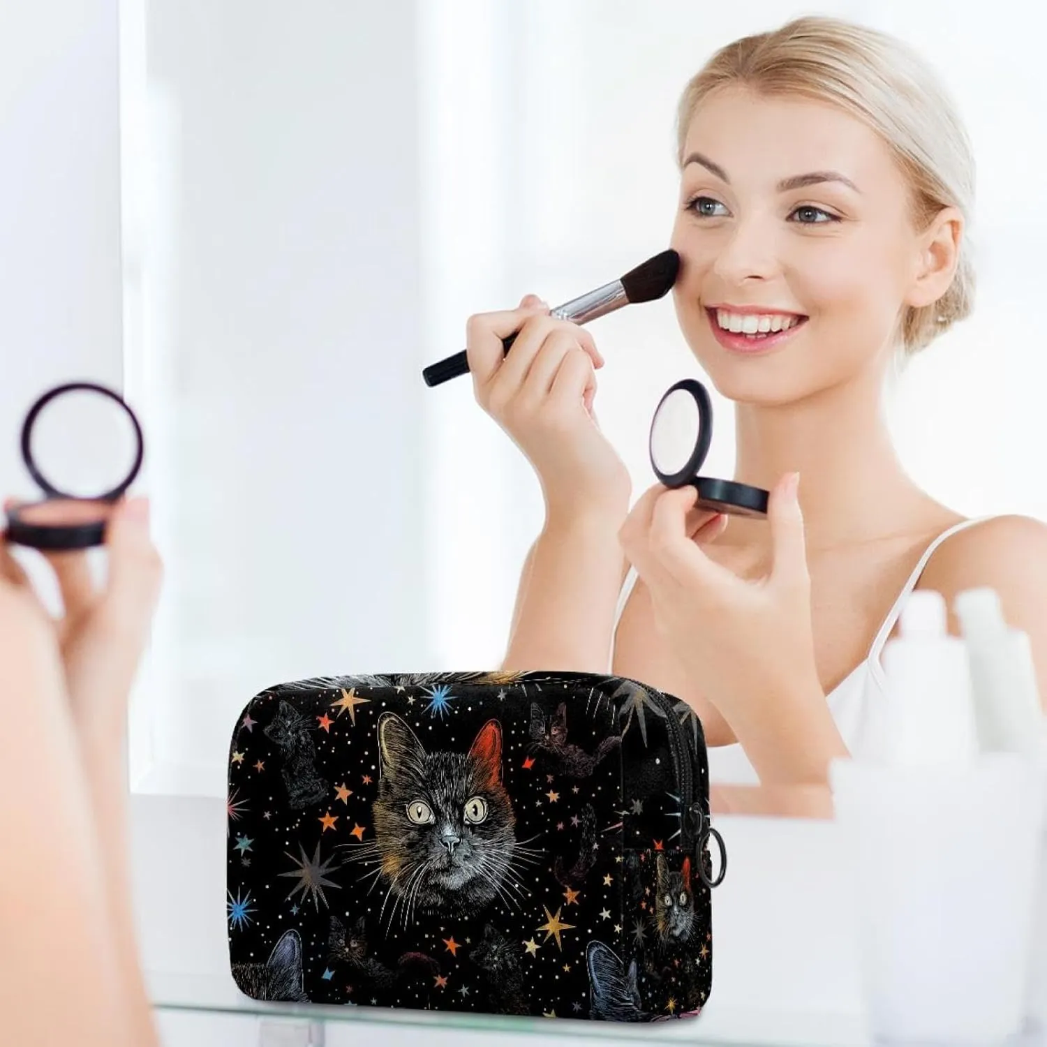 Portable Cosmetic Bag Cartoon Star Cat Travel Makeup Case Organizer For Women Girls Toiletry Bag 7.3x3x5.1in