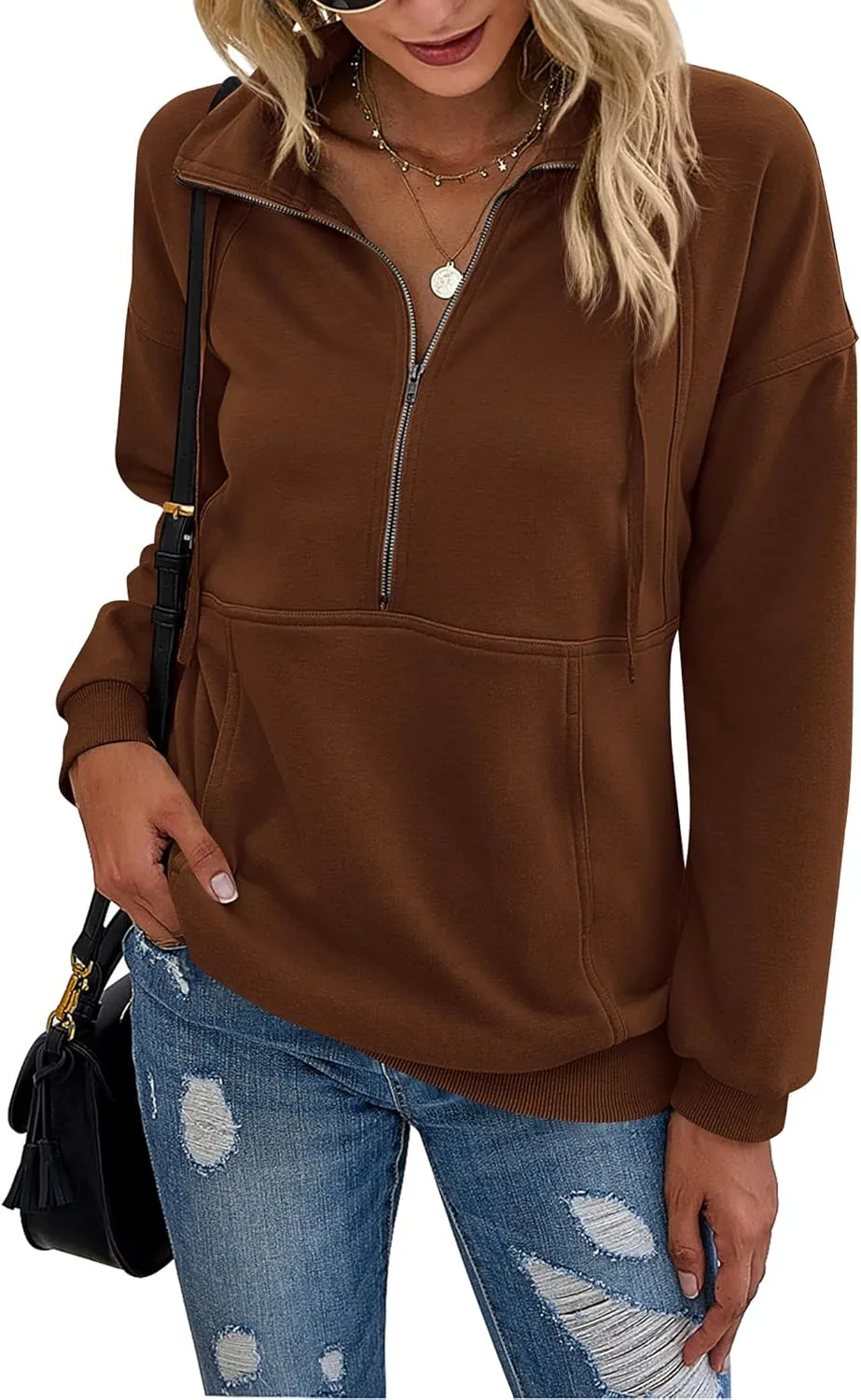 PRETTYGARDEN Women's Casual Long Sleeve Lapel Zipper Sweatshirt Drawstring Loose Pullover Tops