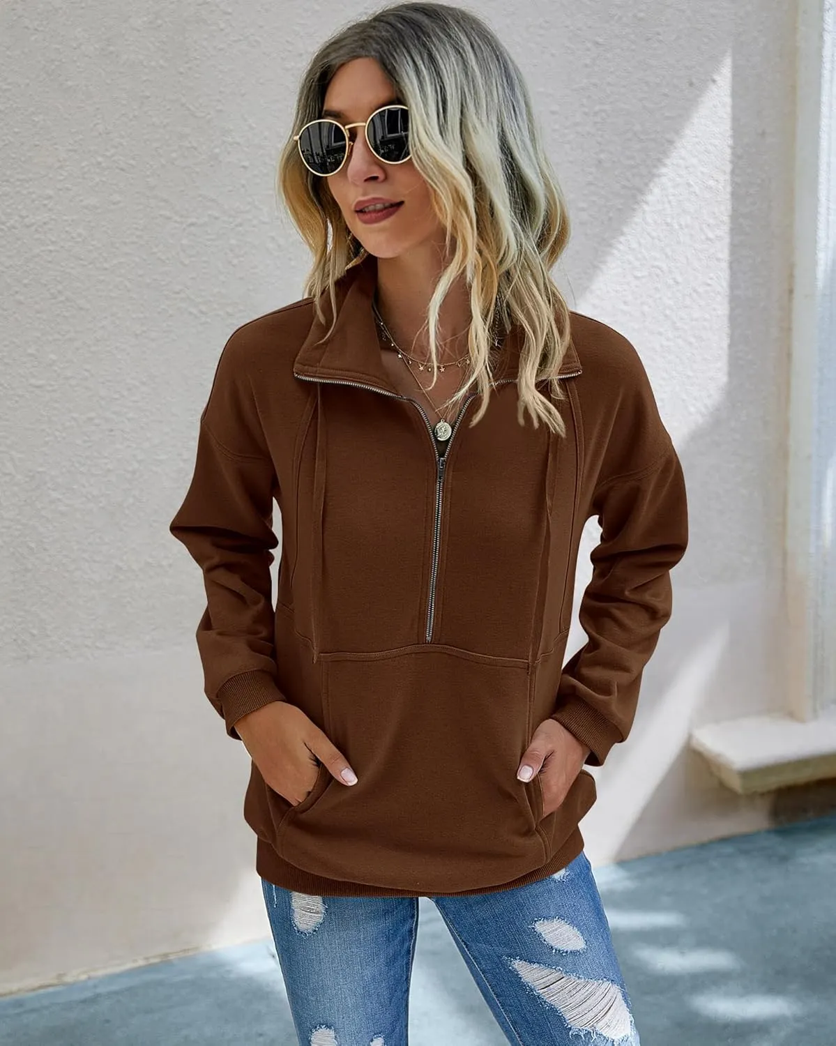 PRETTYGARDEN Women's Casual Long Sleeve Lapel Zipper Sweatshirt Drawstring Loose Pullover Tops