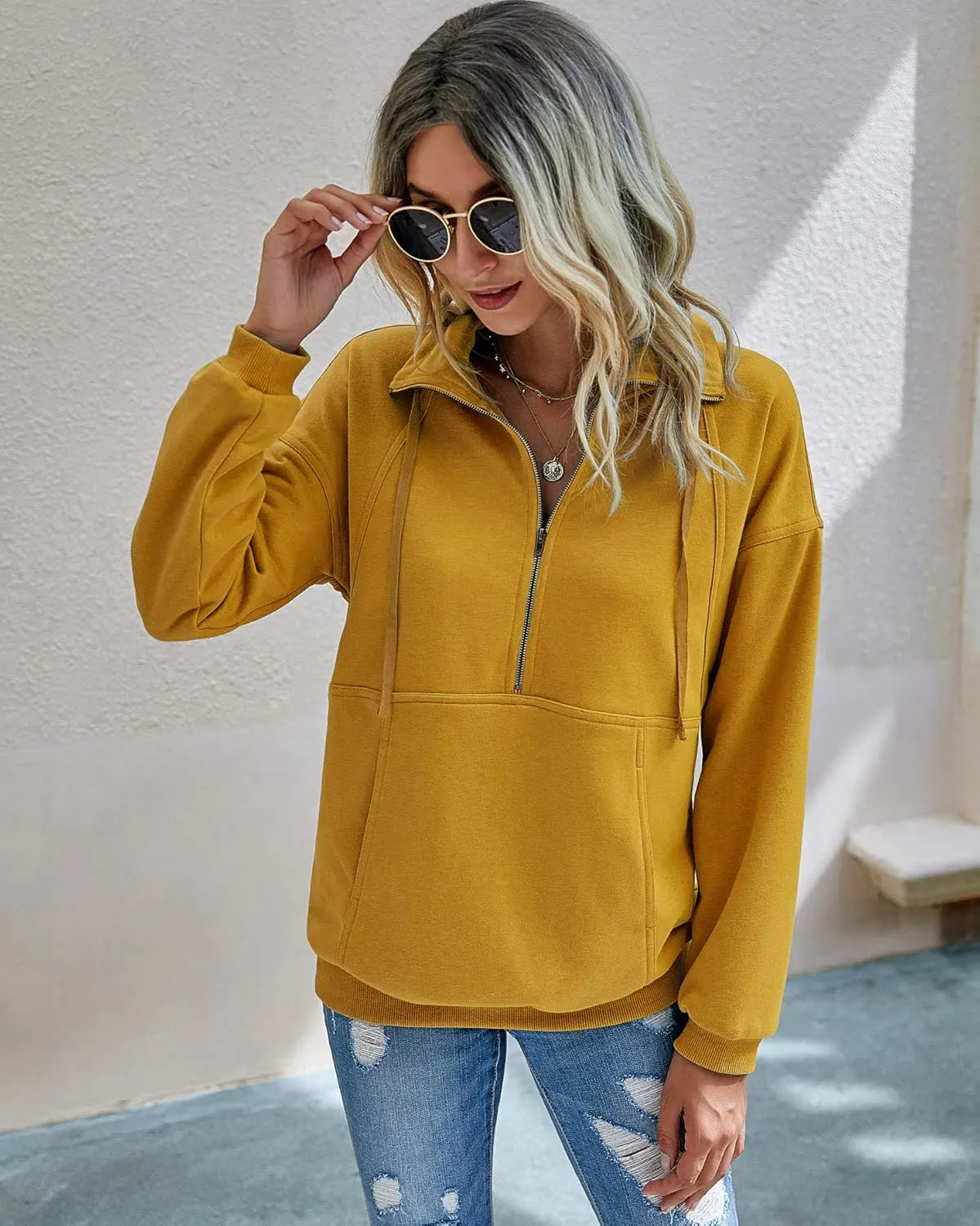 PRETTYGARDEN Women's Casual Long Sleeve Lapel Zipper Sweatshirt Drawstring Loose Pullover Tops