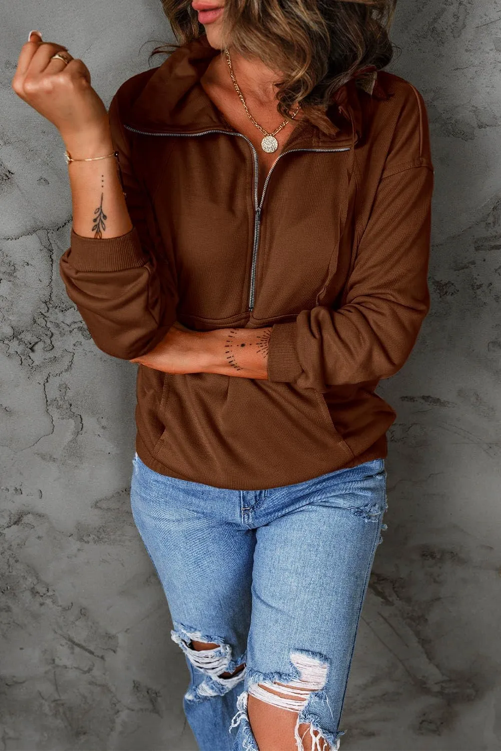 PRETTYGARDEN Women's Casual Long Sleeve Lapel Zipper Sweatshirt Drawstring Loose Pullover Tops