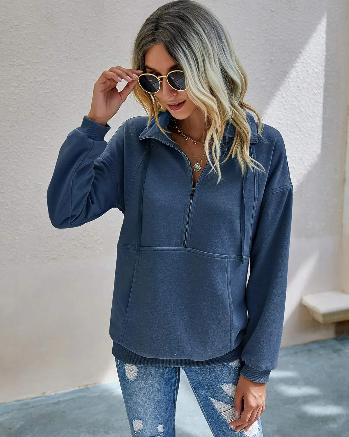 PRETTYGARDEN Women's Casual Long Sleeve Lapel Zipper Sweatshirt Drawstring Loose Pullover Tops
