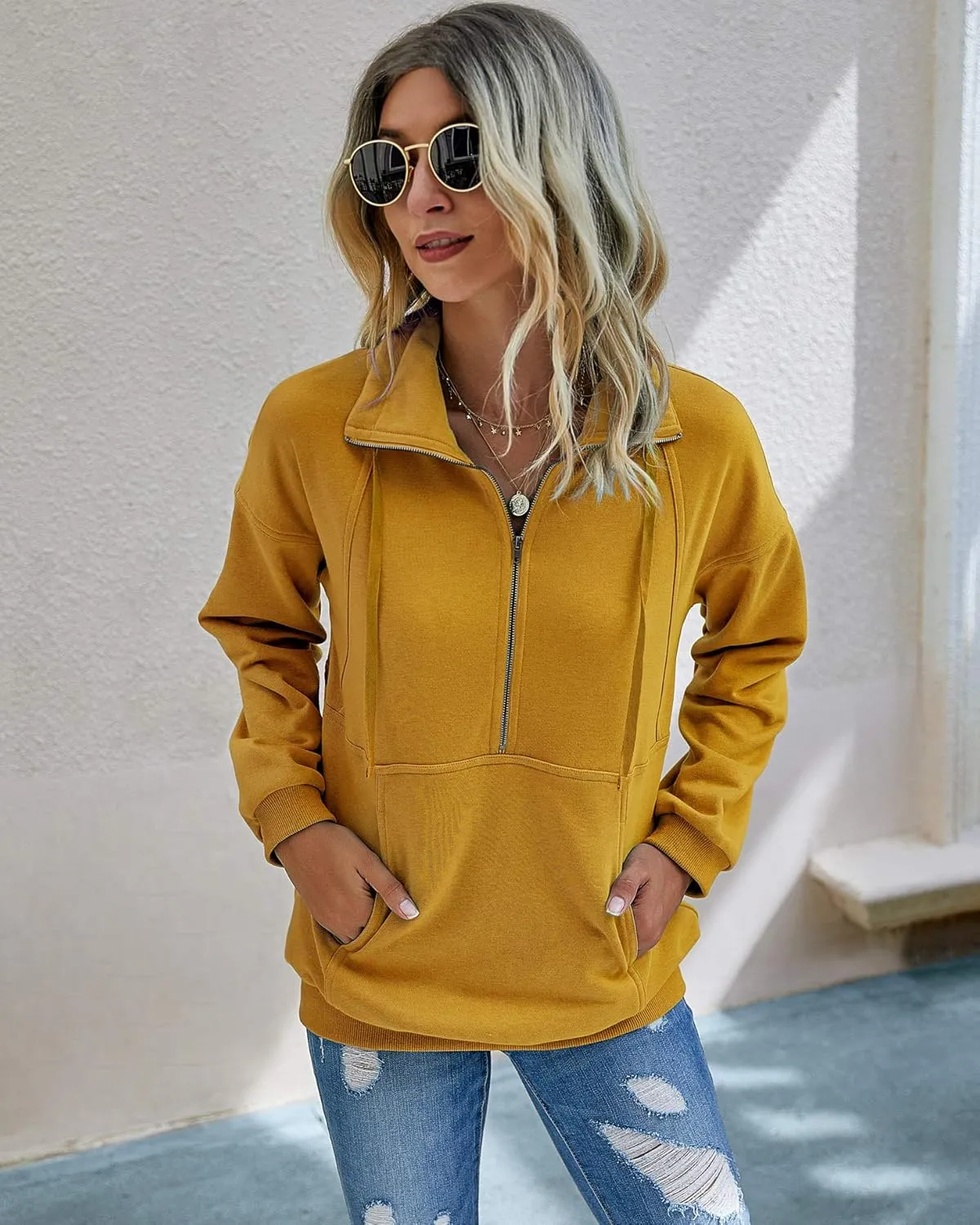 PRETTYGARDEN Women's Casual Long Sleeve Lapel Zipper Sweatshirt Drawstring Loose Pullover Tops