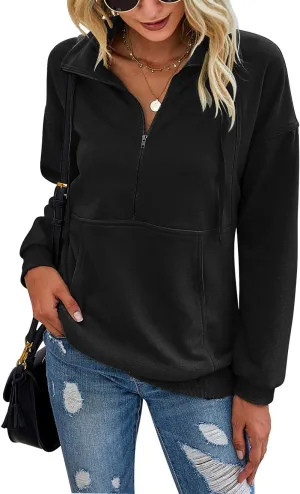 PRETTYGARDEN Women's Casual Long Sleeve Lapel Zipper Sweatshirt Drawstring Loose Pullover Tops
