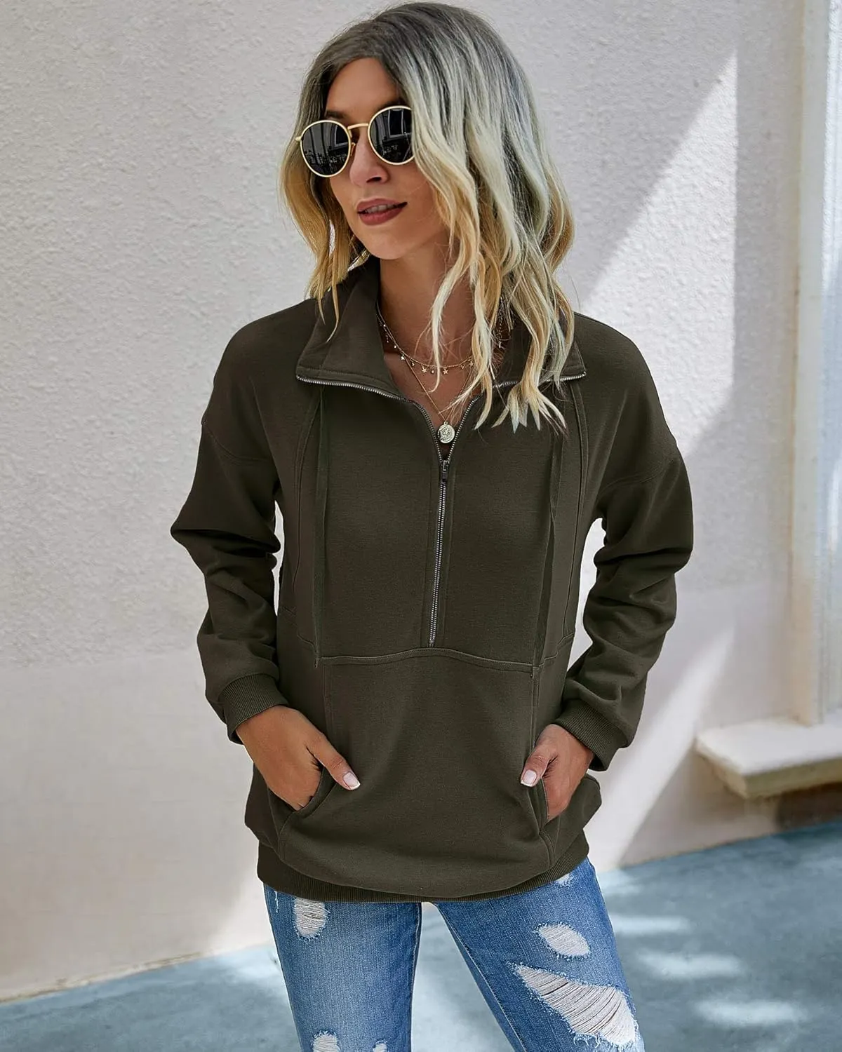 PRETTYGARDEN Women's Casual Long Sleeve Lapel Zipper Sweatshirt Drawstring Loose Pullover Tops