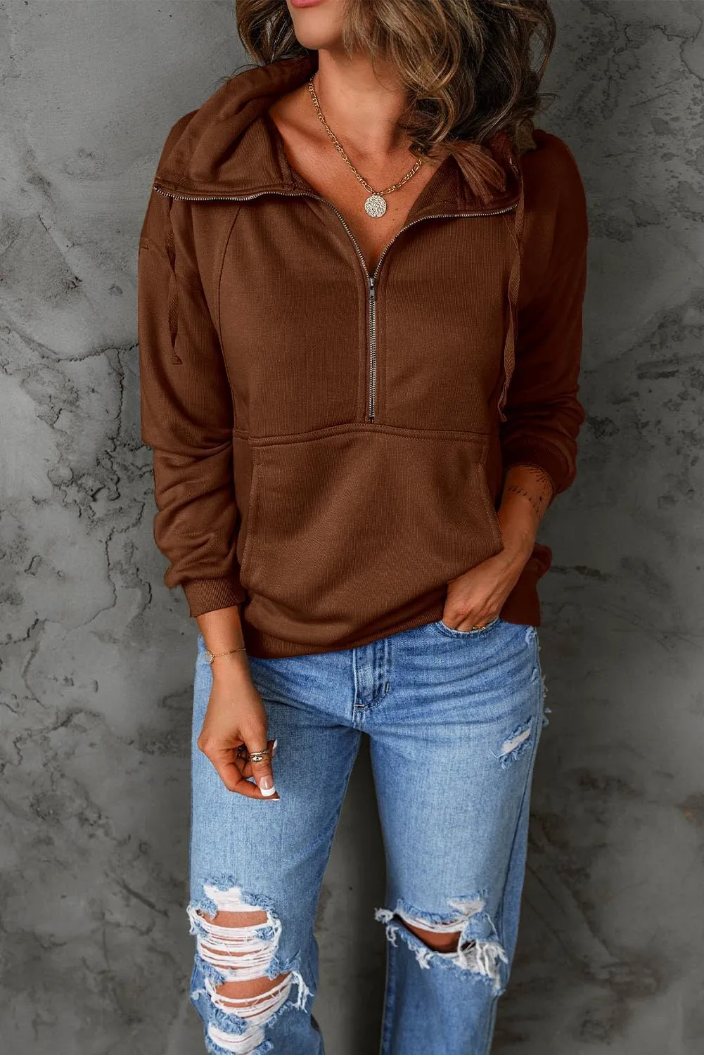 PRETTYGARDEN Women's Casual Long Sleeve Lapel Zipper Sweatshirt Drawstring Loose Pullover Tops