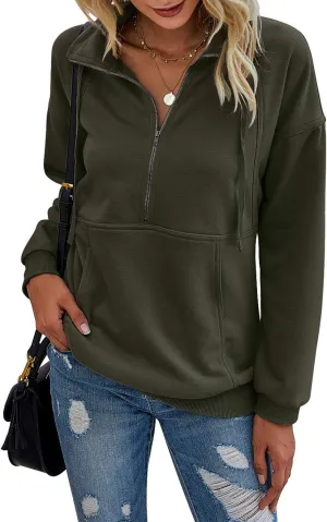 PRETTYGARDEN Women's Casual Long Sleeve Lapel Zipper Sweatshirt Drawstring Loose Pullover Tops