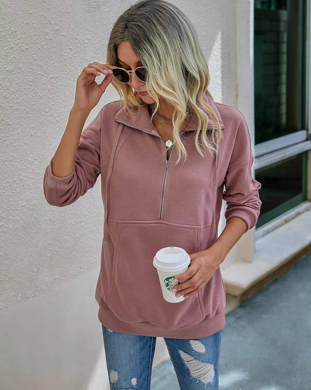 PRETTYGARDEN Women's Casual Long Sleeve Lapel Zipper Sweatshirt Drawstring Loose Pullover Tops