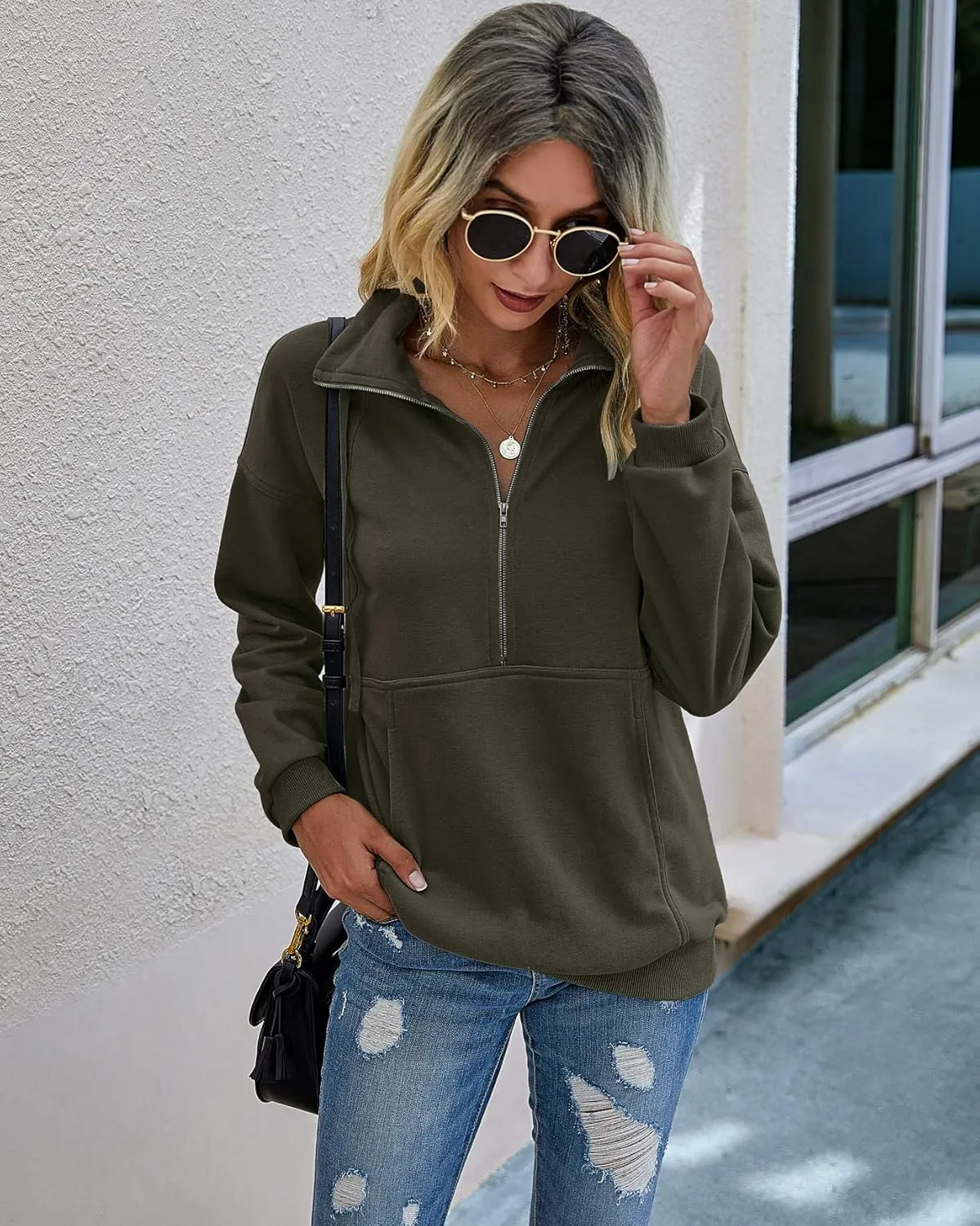 PRETTYGARDEN Women's Casual Long Sleeve Lapel Zipper Sweatshirt Drawstring Loose Pullover Tops