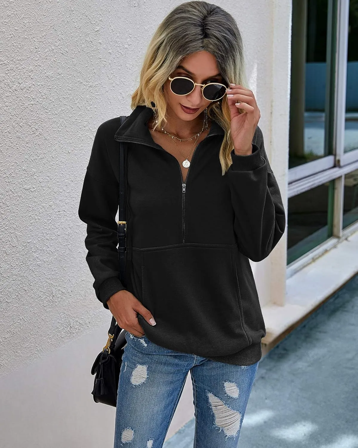 PRETTYGARDEN Women's Casual Long Sleeve Lapel Zipper Sweatshirt Drawstring Loose Pullover Tops