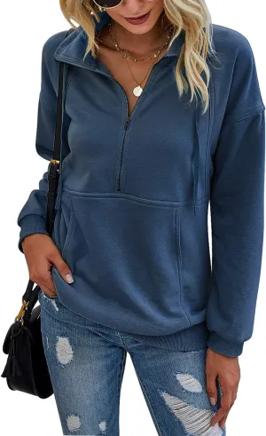 PRETTYGARDEN Women's Casual Long Sleeve Lapel Zipper Sweatshirt Drawstring Loose Pullover Tops