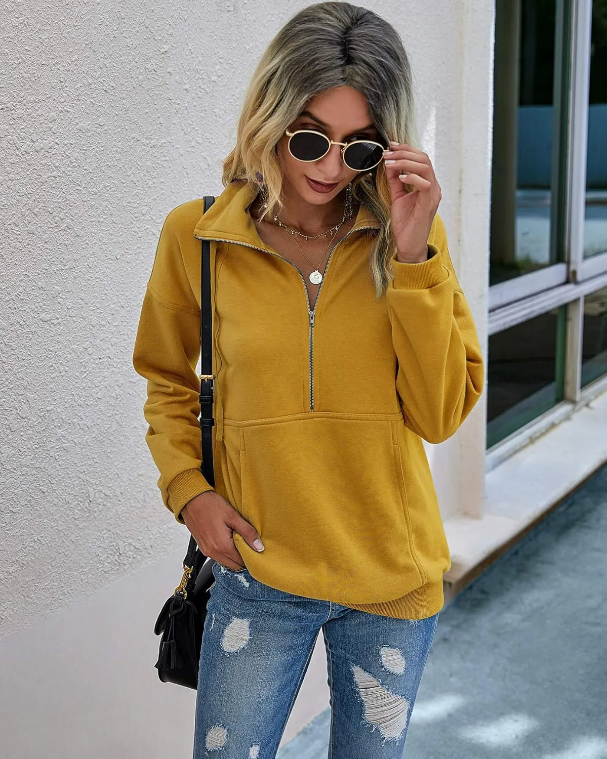 PRETTYGARDEN Women's Casual Long Sleeve Lapel Zipper Sweatshirt Drawstring Loose Pullover Tops
