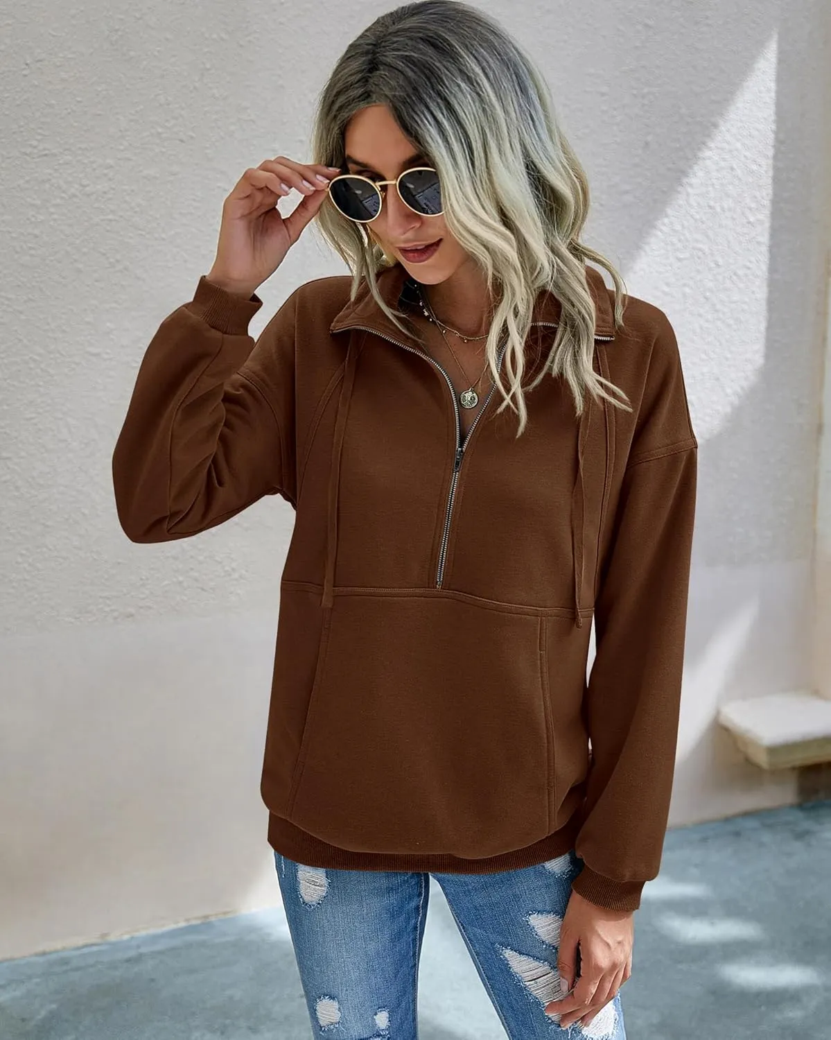 PRETTYGARDEN Women's Casual Long Sleeve Lapel Zipper Sweatshirt Drawstring Loose Pullover Tops