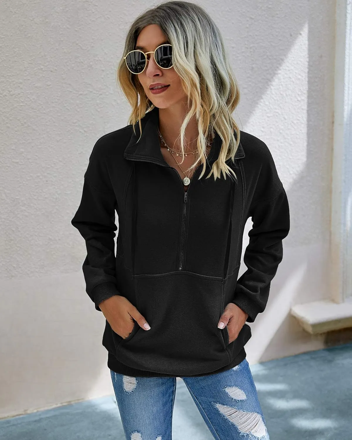 PRETTYGARDEN Women's Casual Long Sleeve Lapel Zipper Sweatshirt Drawstring Loose Pullover Tops