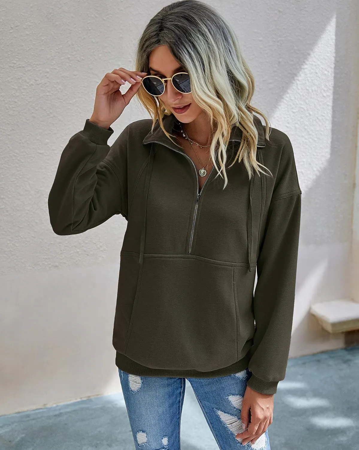 PRETTYGARDEN Women's Casual Long Sleeve Lapel Zipper Sweatshirt Drawstring Loose Pullover Tops