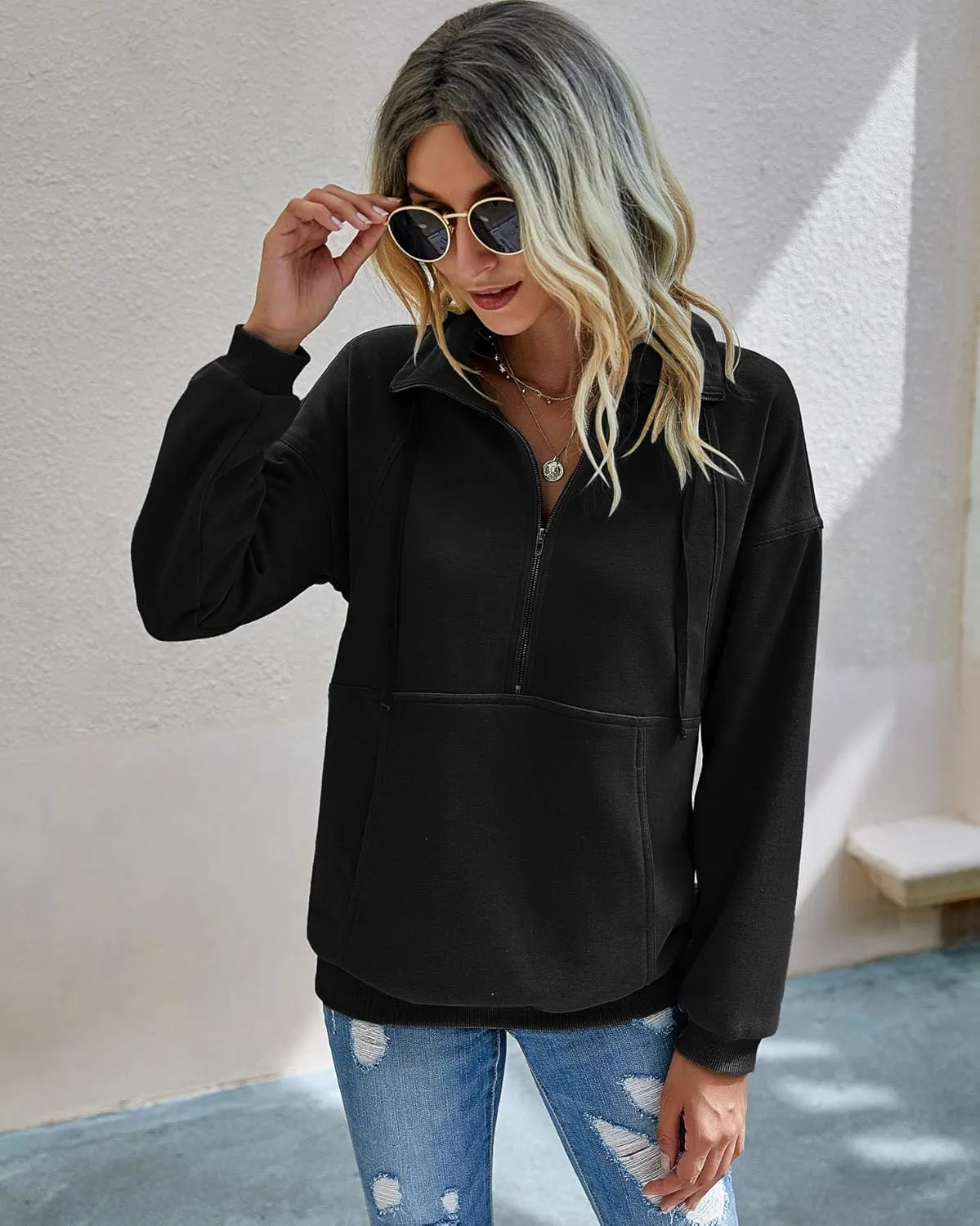 PRETTYGARDEN Women's Casual Long Sleeve Lapel Zipper Sweatshirt Drawstring Loose Pullover Tops